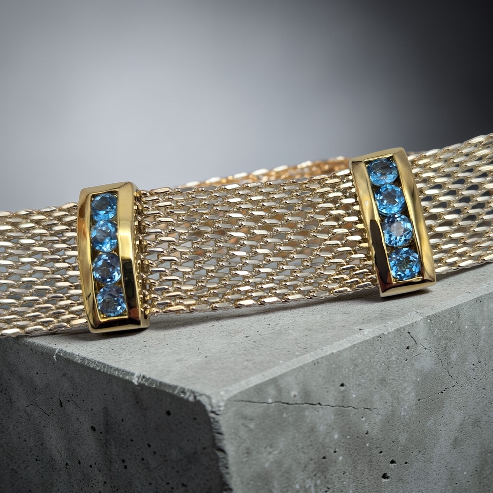 Sterling Vermeil Blue Topaz Mesh Bracelet 6.75” 925 Thailand Estate - Picture 4 of 9